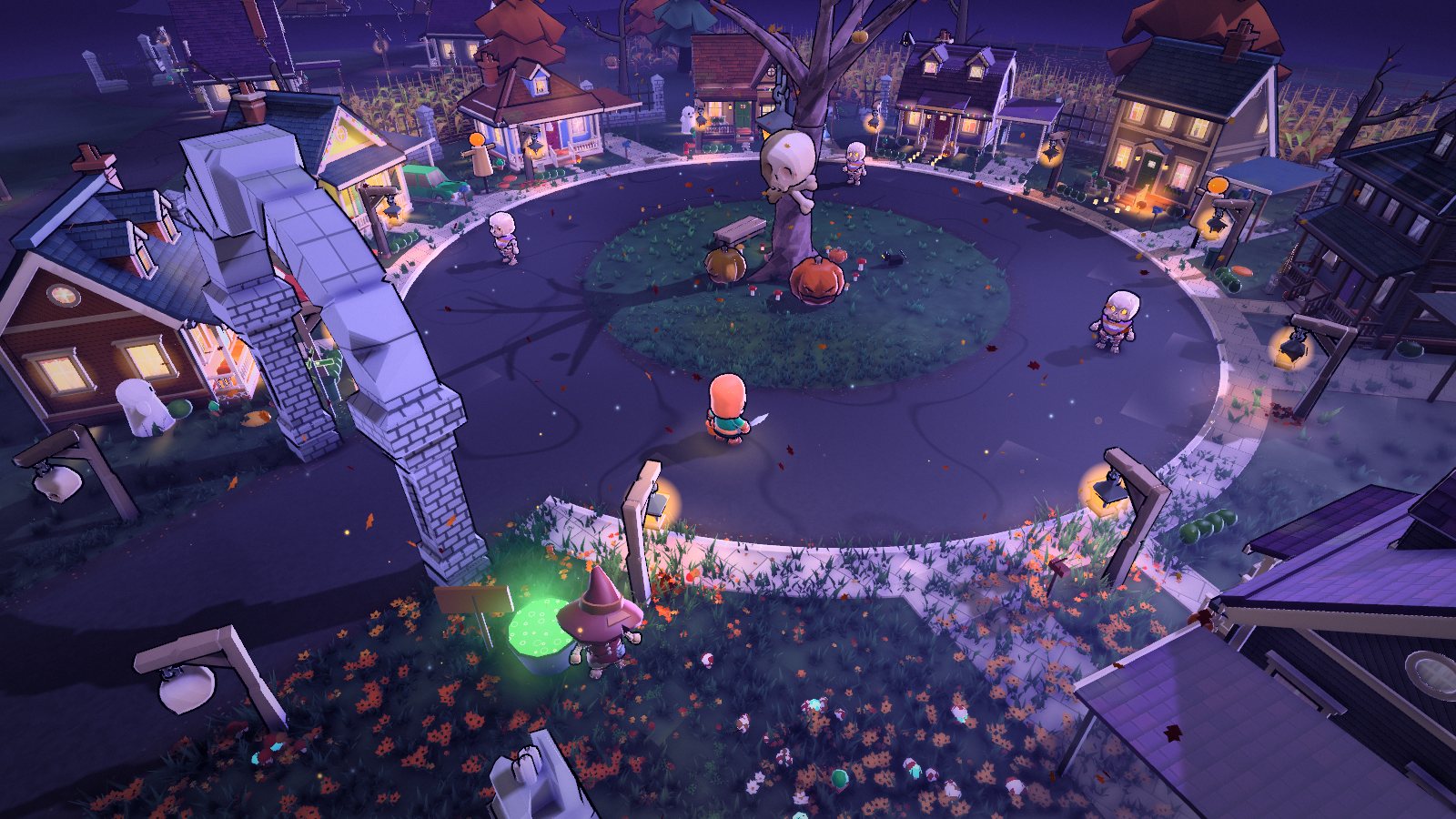 The Home Street plaza at night: glowing houses, cornfields, a big dead tree with a skull sign, and a kid with a candy pail.