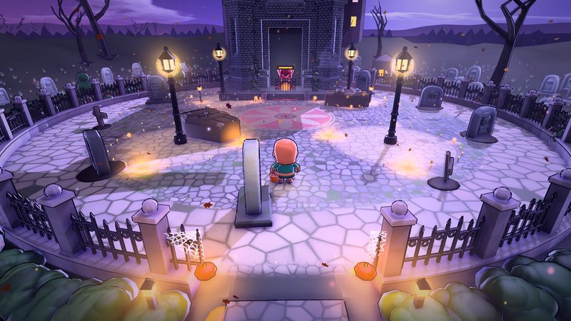 A cobbled manor courtyard with lamp posts, candles and a crypt.