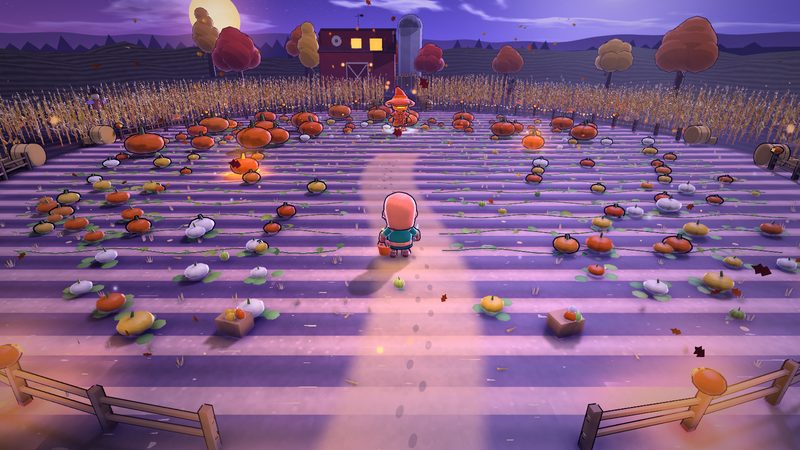 Rows of pumpkins under the moon with a barn and a corn wall.