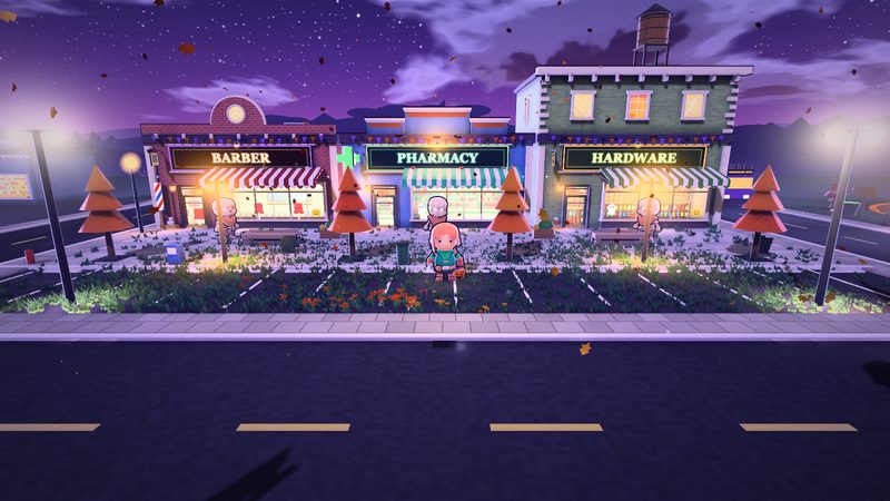 A row of downtown shops with neon signs, striped awnings and a water tower.