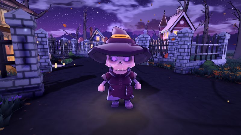 A skull-faced witch monster with a purple hat and glowing eyes.